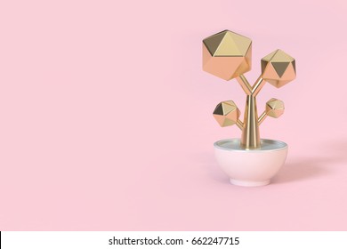 Abstract Gold Tree In White Pot Pink Background 3d Rendering