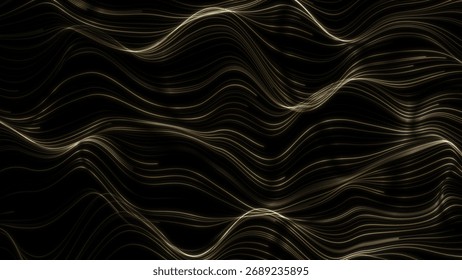 Abstract gold waves pattern with wavy lines of shiny yellow-copper wiring on a dark background. Seamless flowing liquid gold animation. Perfect for luxury visuals, digital art, technology designs, and