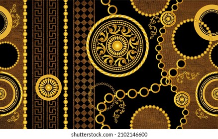 Abstract golden chains with baroque pattern on black. 