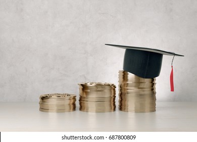 Abstract Golden Coins With Graduation Cap On Concrete Background. Education And Financial Growth Concept. 3D Rendering 