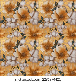 Abstract golden flowers seamless pattern. Gold floral nature decorative background. Digital painting raster bitmap illustration. Graphic design art.