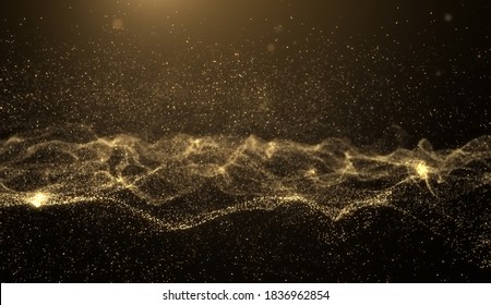 Abstract Golden Particles Background, Luxury Concept, Wave, Glitter, Illustration.