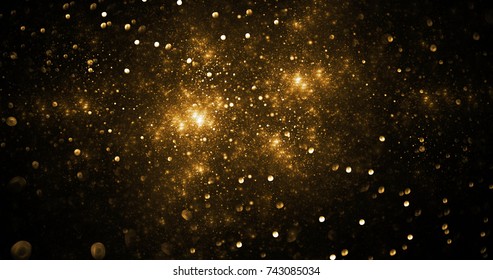 Abstract golden sparks on black background. Digital fractal art. 3D rendering.