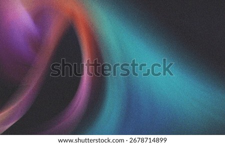 Abstract gradient background with purple, red, and cyan light waves on dark texture, grainy noise effect for modern design