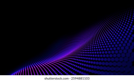 Abstract gradient particle waves flowing with soft light and bokeh. Technology, engineering, science and artificial intelligence background. Fucsia and blue digital wavy.