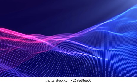 Abstract gradient particle waves flowing with soft light and bokeh. Fuchsia and blue digital waves. Technology, engineering, science and artificial intelligence background.
