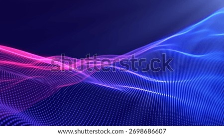 Abstract gradient particle waves flowing with soft light and bokeh. Fuchsia and blue digital waves. Technology, engineering, science and artificial intelligence background.