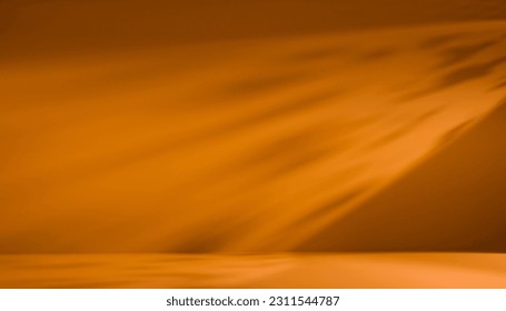 Abstract gradient yellow studio background for product presentation. Empty room with shadows of window and flowers and palm leaves . 3d room with copy space. Mock up for presentation, branding product - Shutterstock ID 2311544787