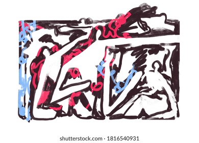 Abstract Graffiti Paint With People. Rough Painting With Bold Line. Dark And Rough Painting.Contemporary Art For Print And Poster. Keith Herring Vibe