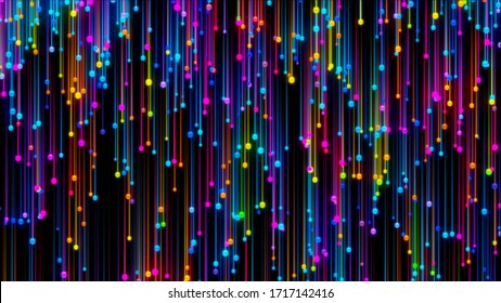 Abstract graphic background of many colorful ornament bubbles and streaks falling down over black background.
