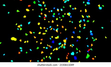 Abstract graphics of the movement of multi-colored cosmic particles. 4K. 3D. Isolated black background. Digital matrix. Network of binary code particles. Technological connection motion background.