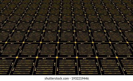 Abstract graphics technology background in orange - blocks of binary code arranged as a square grid on black background - 3D-Illustration