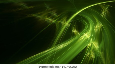 Abstract Green Background Element On Black. Fractal Graphics 3d Illustration. Three-dimensional Composition Of Glowing Lines And Motion Blur Traces. Movement And Innovation Concept.