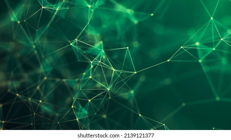 Abstract Green Background With Moving Lines And Dots. The Concept Of Big Data, Technology And Science. Connection To The World Wide Web. 3d Rendering.