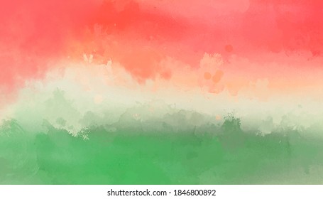 Abstract green beige red splashed background, watercolor messy design in watermelon colors