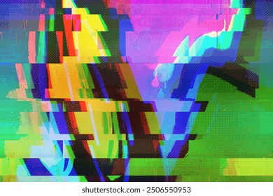 Abstract green, blue, yellow motion glitch art background. Distorted shapes, pixelated textures. Dither Pattern Bitmap, Flicker Pixels Effect, 8 Bit Pixel Art Retro Video Arcade Game Backdrop - Powered by Shutterstock