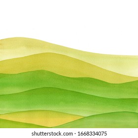 Abstract Green Field,  Yellow Watercolor Waves Hills On White Background 