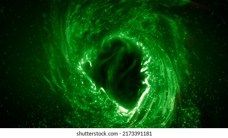 Abstract Green Fluorescent Particle Swirl Orbiting Organic Nucleus. Concept 3D Illustration Of Microbial Sustainable Fuel And Energy Production By Artificial Photosynthesis Of Bacteria Algae Organisms