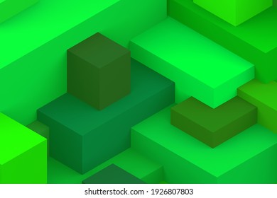 Abstract green geometric cubic dark color background  isometric 3d render 