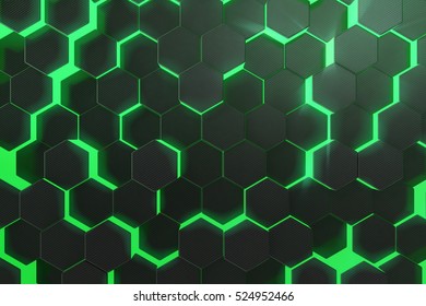 Abstract green glowing pattern, colorful background of futuristic surface with hexagons. 3d rendering