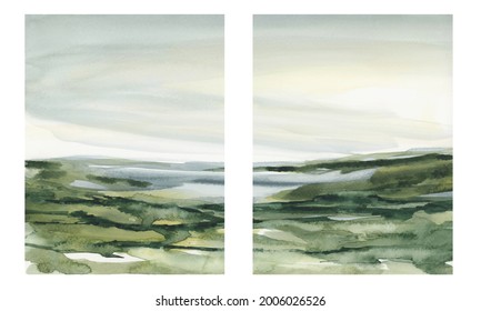 Abstract Green Landscape with Sky and Field Watercolor Painting Collection Set of 2 