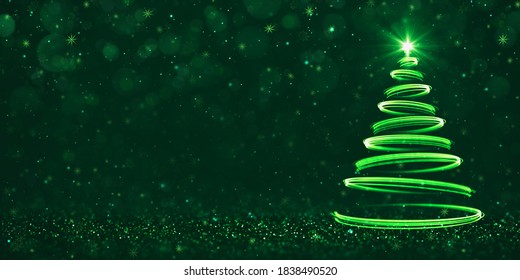 Abstract Green Light Streaks As Christmas Tree On Dark Green Background. Mail Card Design With Empty Space For Text. 3D Illustration.