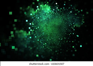 Abstract green square bokeh on black background. Fantasy fractal texture. Digital  art. 3D rendering.