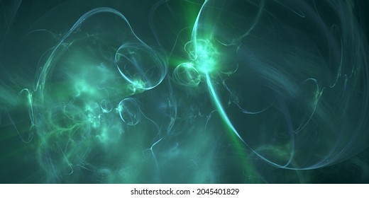 Abstract green and turquoise fractal art background banner, suggestive of bubbles, liquid, gas, smoke, plasma, or light refraction and caustics in water.