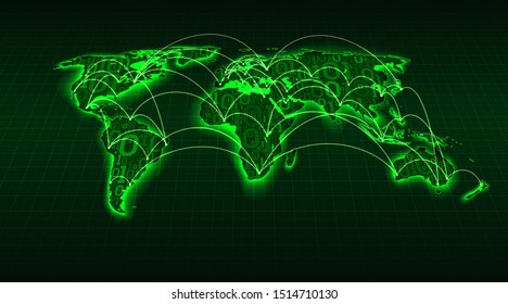 Abstract green world map from digital binary code on a grid background, internet transactions between cities and countries, illustration
