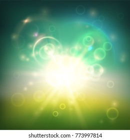 Abstract greenish background with effect of blur, sun and water bubbles, raster illustration