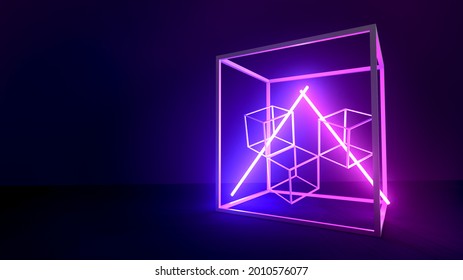 Abstract group of four cube frame decorate with blue and violet neon light in dark background , 3d rendering