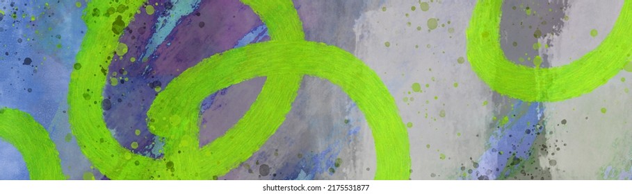 Abstract Grunge Background Design With Texture And Colorful Graffiti Style Design Of Neon Lime Green Circles Painted On Old Distressed Blue Gray And Purple Banner, Modern Urban Or Street Style Detail