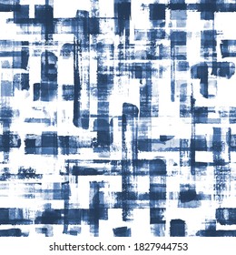 Abstract grunge cross geometric shapes contemporary art blue color seamless pattern background. Watercolor hand drawn colorful brush strokes texture. Watercolour print for textile, wallpaper, wrapping