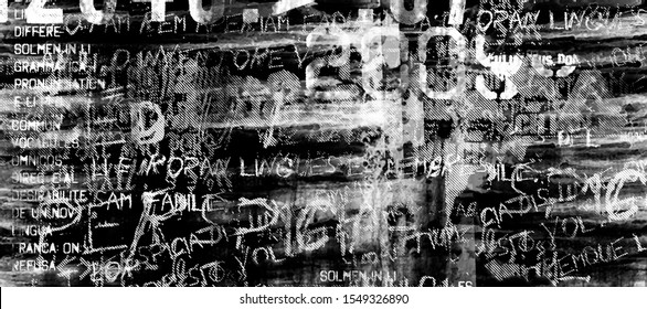 Abstract grunge futuristic cyber technology background.  Drawing on old grungy surface. Vintage dirty scratch wall. Street art blueprint. Urban cyber punk wide illustration
