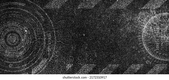 Abstract grunge futuristic cyber technology background.  Drawing on old grungy surface. Vintage dirty scratch wall. Street art blueprint. Urban cyber punk black and white panoramic illustration