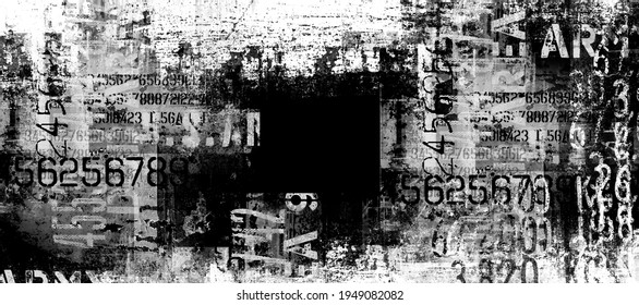 Abstract grunge futuristic lettering background.  Drawing on old grungy surface. Dirty scratch wall. Street art blueprint. Modern urban cyber punk art. Black and white illustration. Panoramic image