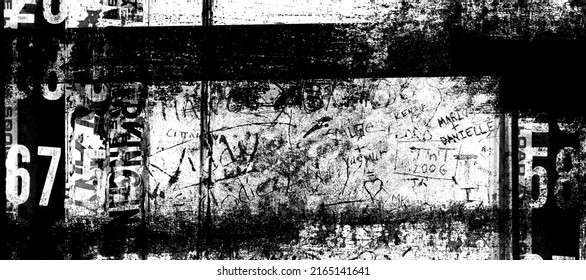 Abstract grunge futuristic lettering background.  Drawing on old grungy surface. Dirty scratch wall. Street art blueprint. Modern urban cyber punk art. Black and white illustration