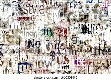 Abstract Grunge Urban Geometric Chaotic Pattern With Words, Letters. Old Aged Newspaper, Magazine Texture Paper Background. Beige Colorful Bright Horizontal Collage