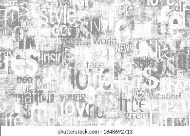 Abstract grunge urban geometric chaotic pattern with words, letters. Old aged newspaper, magazine texture paper background. Light grey horizontal collage