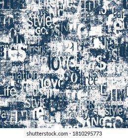 Abstract grunge urban geometric words, letters seamless pattern. Aged newspaper, magazine textured paper background. Blue white collage repeating texture. Print for textile, wallpaper, wrapping paper.