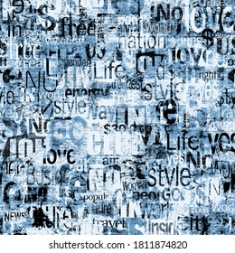 Abstract Grunge Urban Geometric Words, Letters Seamless Pattern. Aged Newspaper, Magazine Textured Paper Background. Blue Black Collage Repeating Texture. Print For Textile, Wallpaper, Wrapping Paper.