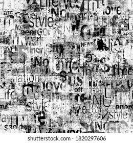 Abstract grunge urban geometric words, letters seamless pattern. Aged newspaper, magazine textured paper background. Black white collage repeating texture. Print for textile, wallpaper, wrapping paper