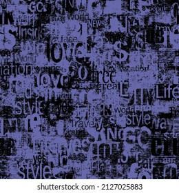 Abstract Grunge Urban Geometric Words, Letters Seamless Pattern. Aged Newspaper, Magazine Textured Paper Background. Purple Black Collage Repeating Texture. Print For Textile, Wallpaper, Wrap Paper.