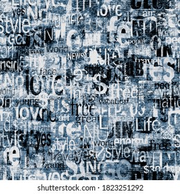 Abstract grunge urban words, letters seamless pattern. Aged newspaper, magazine textured paper background. Blue, white, black collage repeating texture. Print for textile, wallpaper, wrapping paper.
