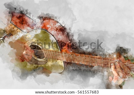 Abstract Guitarist in the foreground. Close up, Watercolor painting background and Digital illustration brush to art.