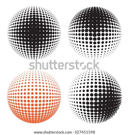 Abstract halftone circle design. Set of round icon, abstract globe symbol, business concept. Abstract black dotted sphere. Science and tourism, technology or environmental background