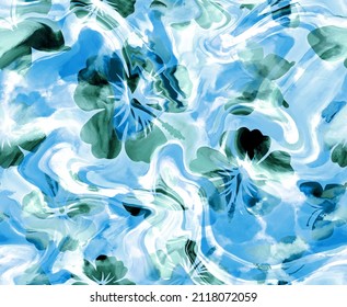 Abstract Hand Drawing Butterflies and Hibiscus Flowers Seamless Hawaiian Tropical Pattern with Watercolor Wavy Tie Dye Liquid Marble Background