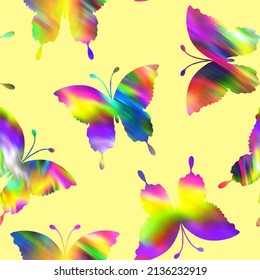 Abstract Hand Drawing Colorful Rainbow Colors Watercolor Tie Dye Random Butterflies Seamless Pattern Isolated Background