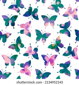 Abstract Hand Drawing Colorful Watercolor Random Butterflies with Tie Dye Brush Strokes Textured Seamless Pattern Isolated Background