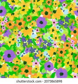 Abstract Hand Drawing Crayon Watercolor Brush Strokes Ditsy And Mixed Retro Flowers And Leaves Seamless Pattern Isolated Colorful Background